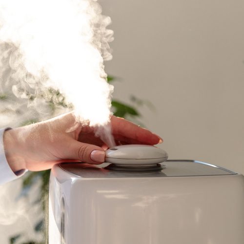 Woman turn on and inhaling aroma oil steam from humidifier. Ultrasonic technology, increase in air humidity indoors, comfortable living conditions in the heating season in winter in apartments.